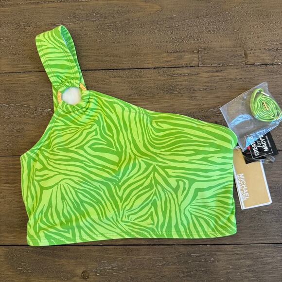 MICHAEL Michael Kors Womens XS NWT Green Apple One Shoulder Tiger Stripe Top - Picture 1 of 7